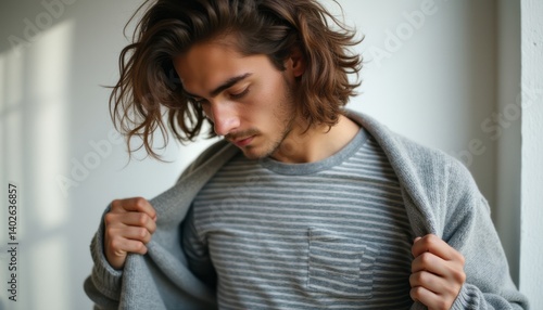A contemplative young man with tousled hair gazes downward, dressed in a soft striped shirt and a cozy gray cardigan. The warm light streaming through the window enhances the serene atmosphere