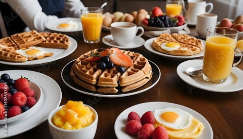 Delicious Breakfast with Waffles, Eggs, and Fresh Fruit