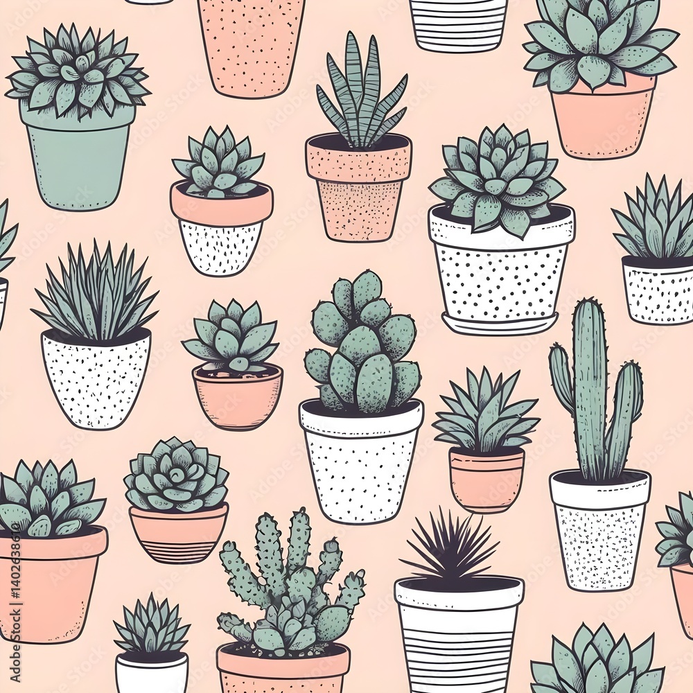 Seamless Pattern of Succulents in Pots Seamless Pattern of Succulents in Pots