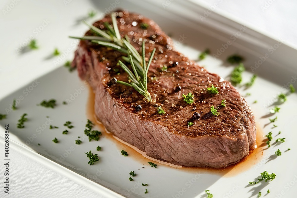 a succulent, juicy flank steak resting on a pristine white plate a succulent, juicy flank steak resting on a pristine white plate