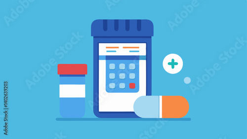 Smart Pill Bottle A pill bottle with an integrated screen displaying reminders for medication times standing next to an open calendar showcasing adherence technology.