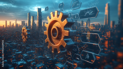 Industrial Progress: Gear & Skyline Animated PPT Template.Generative AI