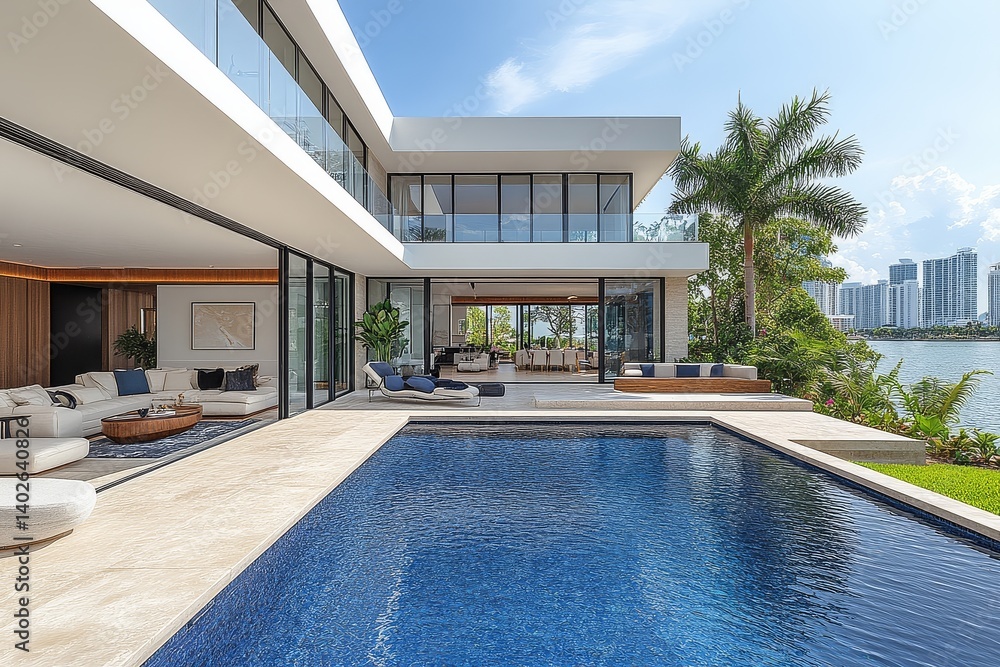 Stunning modern waterfront home with pool in Boca Raton, Florida, captured with wide-angle lens for a hyper-realistic view. Stunning modern waterfront home with pool in Boca Raton, Florida, captured with wide-angle lens for a hyper-realistic view.