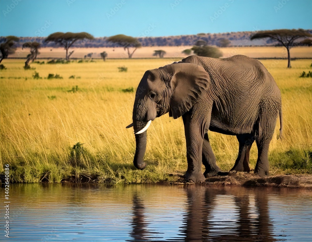 Fototapeta premium Un majestuoso Elefante se arrodilla junto a una fuente de agua cristalina en la sabana. Bebe lentamente, con la mirada fija en el agua cristalina,