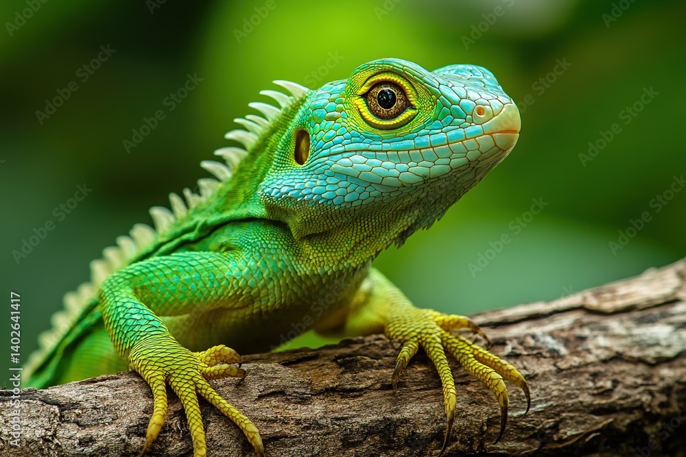 Stunning and vibrant green lizard resting on a branch in its natural habitat Stunning and vibrant green lizard resting on a branch in its natural habitat