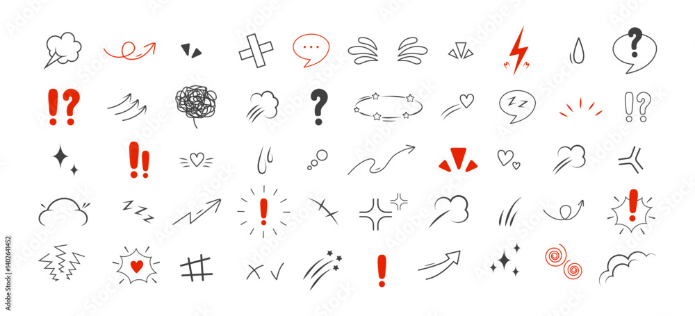 Anime Emotion effect icons. Collection of hand drawn arrows, lines, emphasis, sparkle or sunburst. Vector illustration. Anime Emotion effect icons. Collection of hand drawn arrows, lines, emphasis, sparkle or sunburst. Vector illustration.