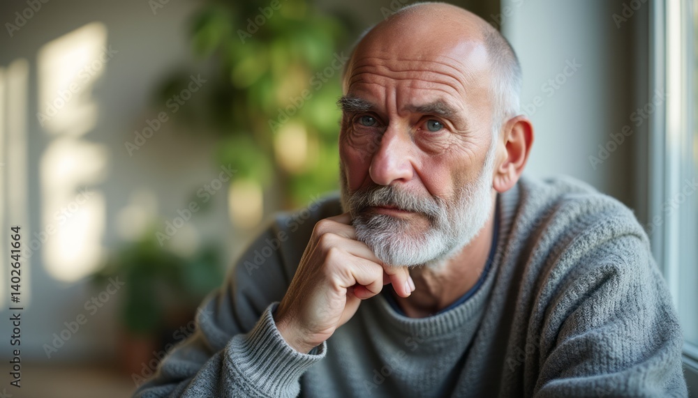 An introspective elderly man with a distinguished beard rests his chin on his hand, gazing thoughtfully out of a sunlit window. The warm, inviting atmosphere is enhanced by soft natural light and An introspective elderly man with a distinguished beard rests his chin on his hand, gazing thoughtfully out of a sunlit window. The warm, inviting atmosphere is enhanced by soft natural light and