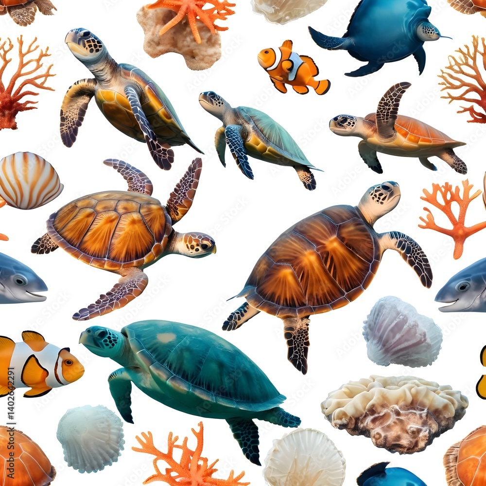 Fototapeta premium Colorful Sea Turtles and Clownfish Seamless Pattern