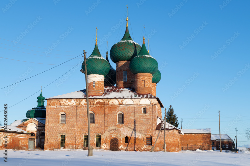 The ancient Church of the Nativity of the Blessed Virgin Mary (1712) on a sunny January day. Velikoye village. Yaroslavl region, Russia