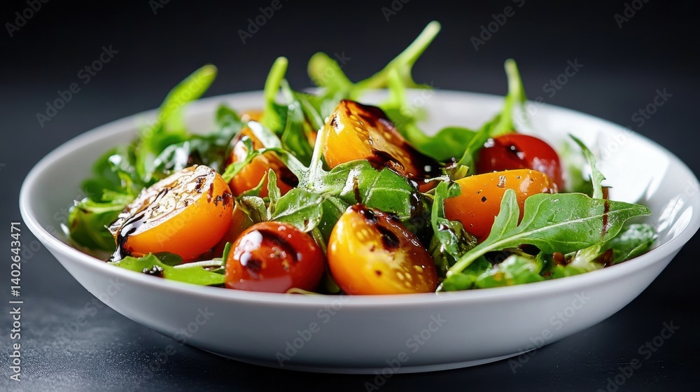 A fresh salad made with mixed greens, cherry tomatoes, and a balsamic glaze. A fresh salad made with mixed greens, cherry tomatoes, and a balsamic glaze.