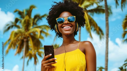Happy smiling young woman listening to music in headphones with phone in summer park with palm trees