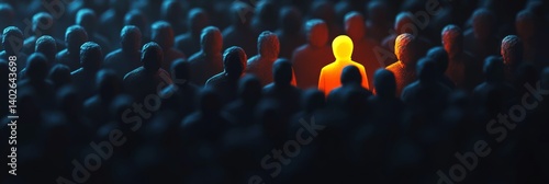 Bright individual in dark crowd identity and uniqueness concept leader shining differently simple background modern abstract illustration for business and marketing 