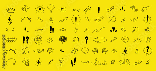 Anime Emotion effect collection. Doodle manga big set. Character emotion symbols. Vector illustration on yellow background.