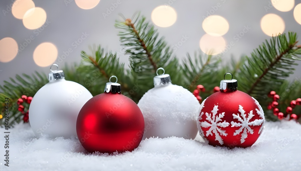 Red and White Christmas Ornaments in Snow Red and White Christmas Ornaments in Snow