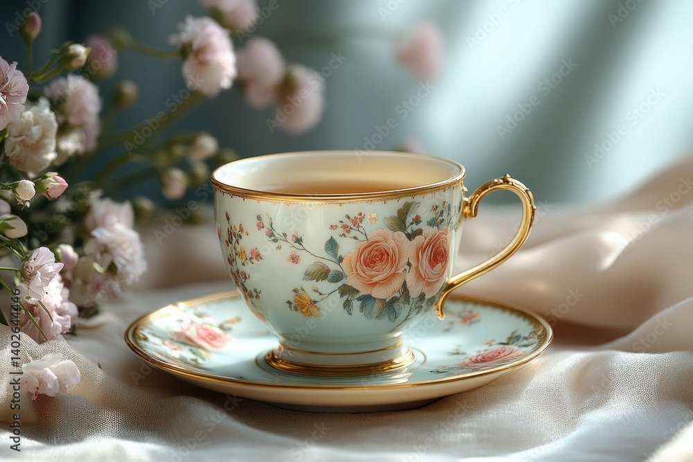 Fototapeta premium Vintage Porcelain Teacup and Saucer Set with Floral Patterns in Rococo Style