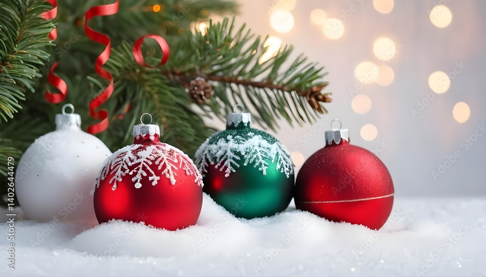 Christmas Ornaments in Snow with Festive Lights Christmas Ornaments in Snow with Festive Lights