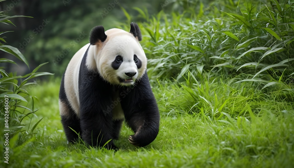 Fototapeta premium Giant Panda Walking in Lush Green Grass