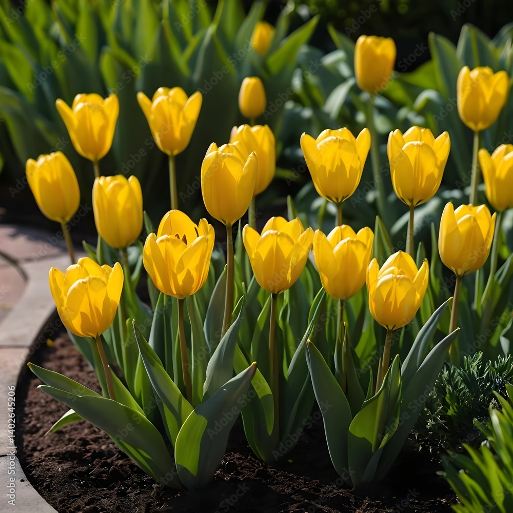 Obraz premium Yellow Tulips in a Garden Bed