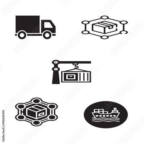Set of 5 outline supply chain and with floral value, Chain silhouette editable vector isolated