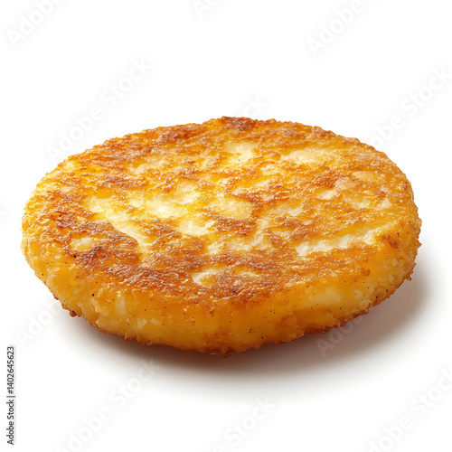 A golden crispy fried potato pancake with a seasoned outer coating, soft potato interior, and slightly curled edges