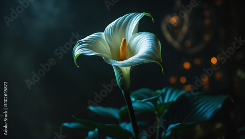 Graceful white calla lily with lush green leaves and moody lighting, conveying purity, elegance, and timeless beauty