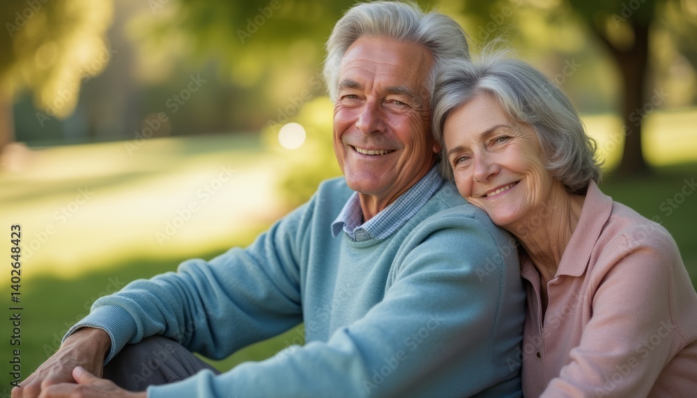 An affectionate elderly couple sits closely together in a serene park, basking in the warm sunlight. Their genuine smiles and loving expressions radiate happiness and companionship, capturing the An affectionate elderly couple sits closely together in a serene park, basking in the warm sunlight. Their genuine smiles and loving expressions radiate happiness and companionship, capturing the
