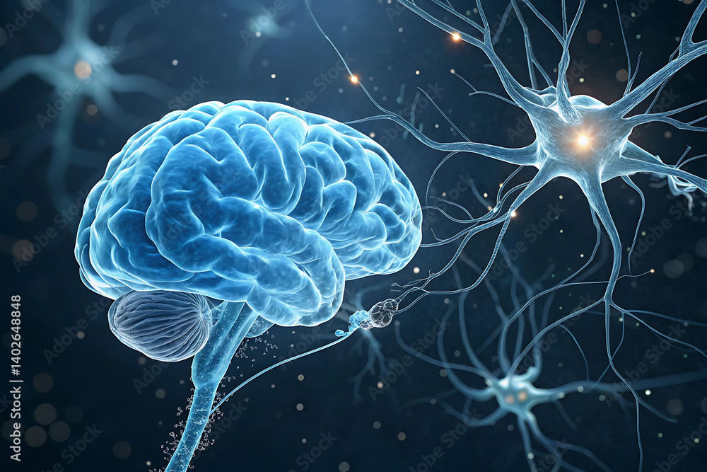 Obraz premium Detailed 3D Illustration of a Human Brain and Neuron Network