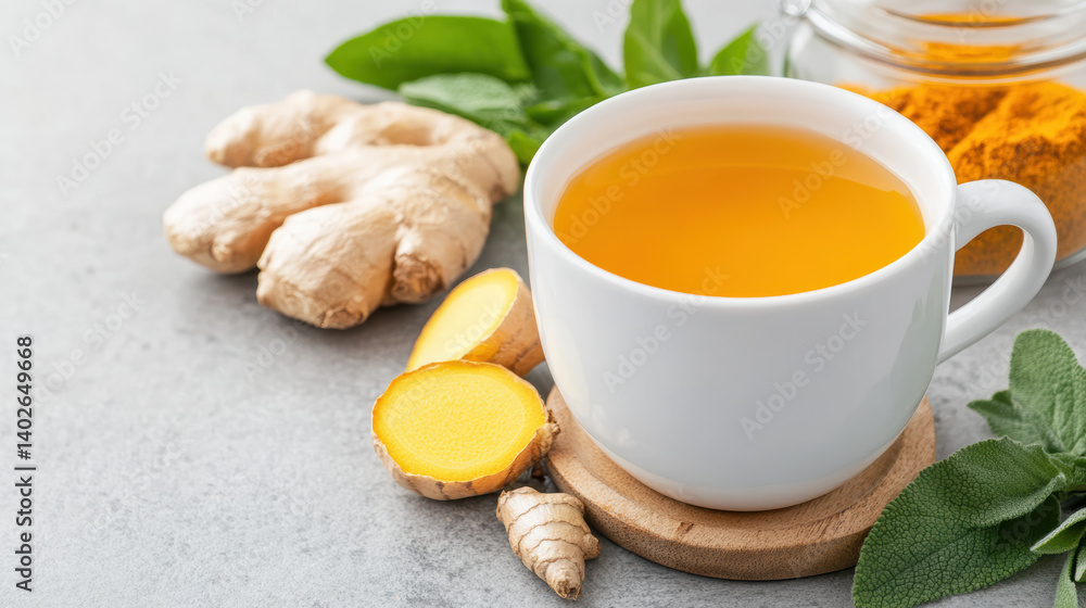 Warm ginger tea with turmeric and fresh herbs offers soothing remedy Warm ginger tea with turmeric and fresh herbs offers soothing remedy