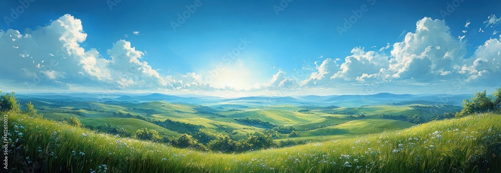 Fototapeta premium Impressionist Landscape with Green Hills Blue Sky and Fluffy Clouds