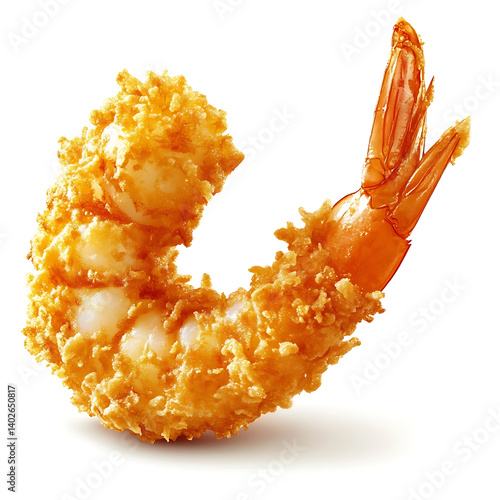 A golden crispy fried shrimp with a crunchy breadcrumb coating, juicy shrimp interior, and perfectly curled shape