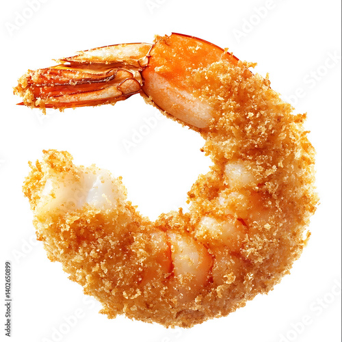 A golden crispy fried shrimp with a crunchy breadcrumb coating, juicy shrimp interior, and perfectly curled shape