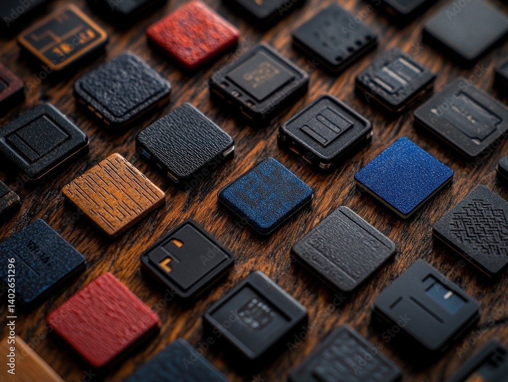 Fototapeta premium Realistic Still Life of SIM Card Adapters on Wooden Table with Soft Natural Lighting and Top-Down Composition