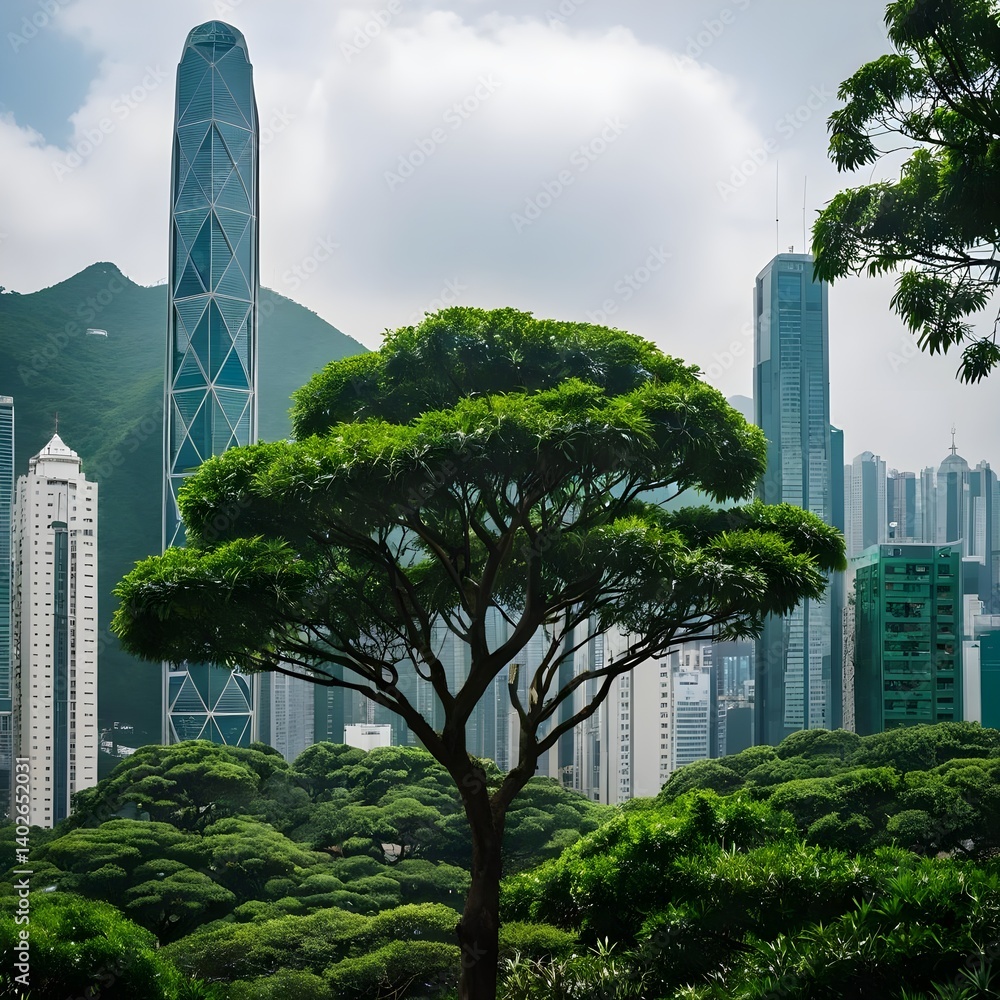 Fototapeta premium Urban Oasis Green Tree Against Modern City Skyline