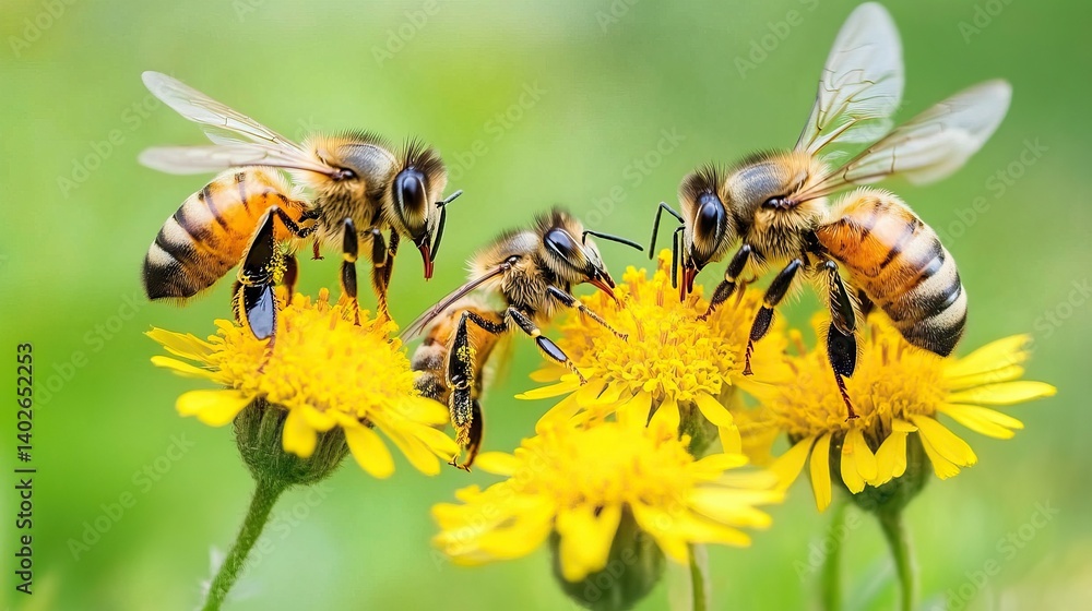 Bees pollinating flowers in a wild garden with blurred background, biodiversity focus Bees pollinating flowers in a wild garden with blurred background, biodiversity focus