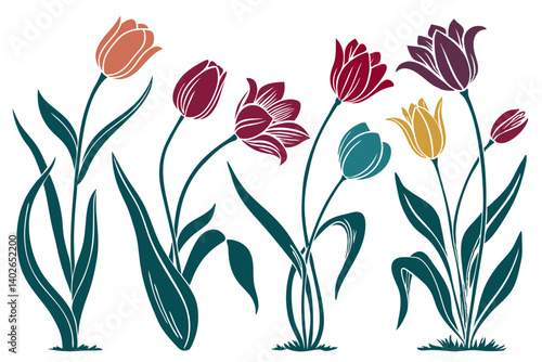 set of tulip bloom silhouette vector illustration