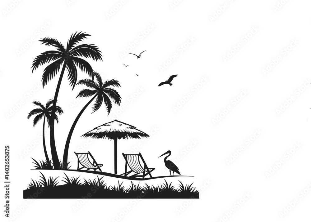 Tropical Palm Tree Silhouette, Black and White Island Trees, Minimalist Nature Illustration.
Tropical Palm Tree Silhouette, Black and White Island Trees, Minimalist Nature Illustration.