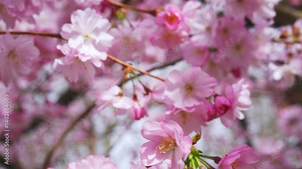 Close up of vibrant pink cherry blossoms in full bloom, swaying gently in the breeze, showcasing the delicate petals and buds in a serene outdoor setting. Close up of vibrant pink cherry blossoms in full bloom, swaying gently in the breeze, showcasing the delicate petals and buds in a serene outdoor setting.