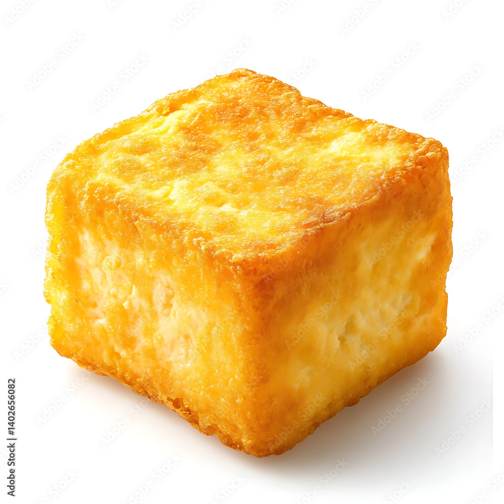 A golden crispy fried tofu cube with a light crunchy exterior, soft and silky interior, and slightly irregular edges A golden crispy fried tofu cube with a light crunchy exterior, soft and silky interior, and slightly irregular edges