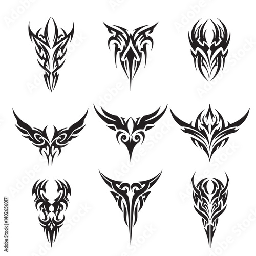 Tribal tattoo icons of symmetrical beast heads with Maori ornament influence vintage wings and sharp silhouette patterns for edgy vector designs
