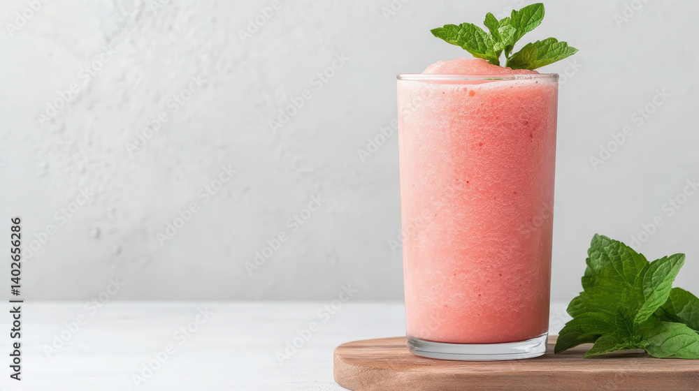 Refreshing watermelon smoothie in glass garnished with mint leaves Refreshing watermelon smoothie in glass garnished with mint leaves