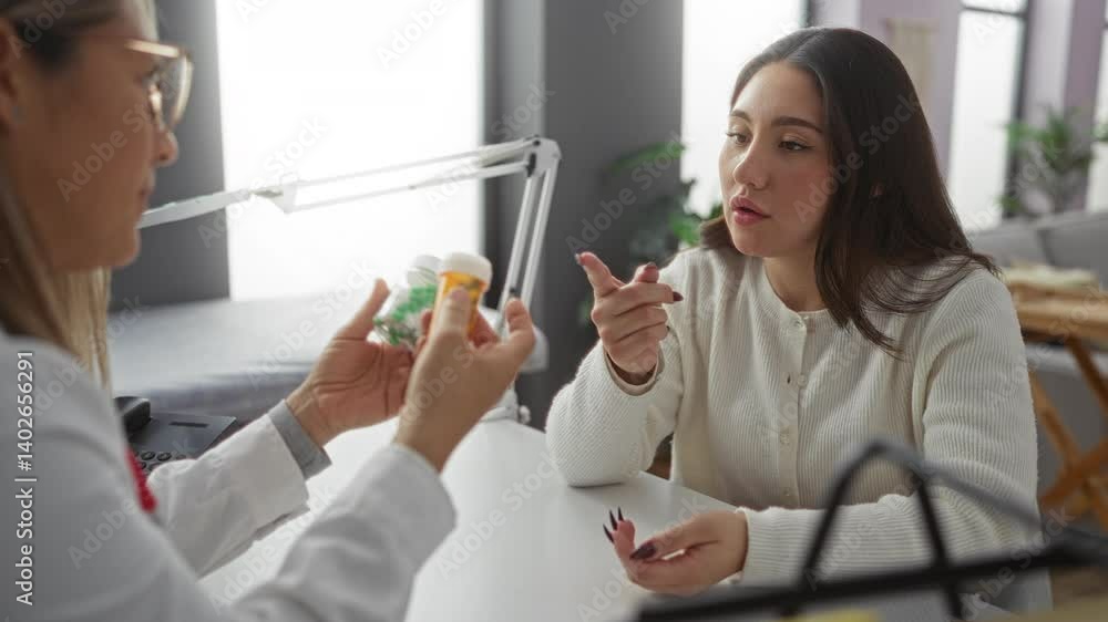 Woman discussing medication with healthcare provider in a modern clinical setting, focusing on prescription bottles and attentive communication Woman discussing medication with healthcare provider in a modern clinical setting, focusing on prescription bottles and attentive communication