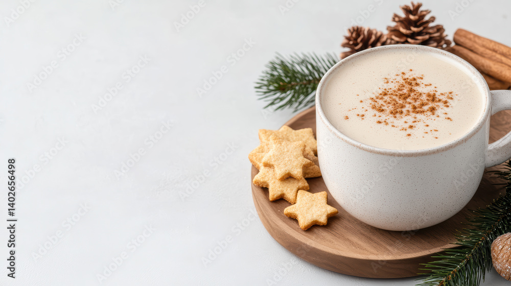 Creamy eggnog in cozy cup with star shaped cookies, perfect for winter celebrations Creamy eggnog in cozy cup with star shaped cookies, perfect for winter celebrations