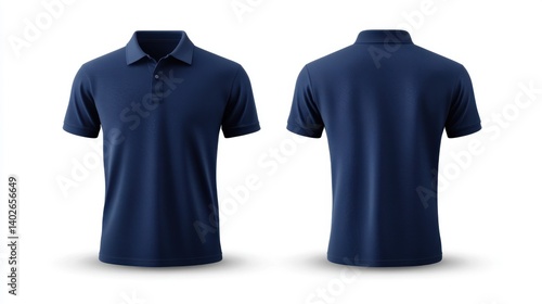 Navy blue polo shirt front and back view isolated on white background