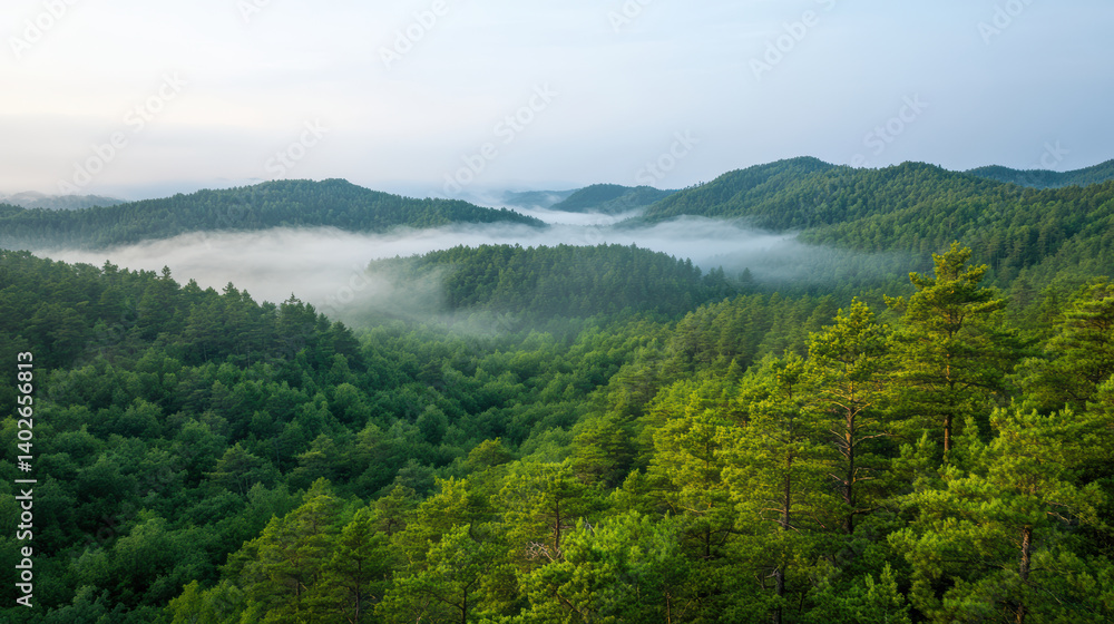 Obraz premium Lush green forest landscape with misty mountains in background creates serene atmosphere
