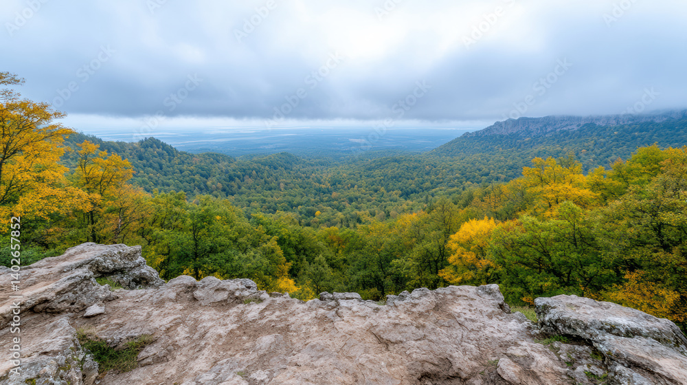 Obraz premium breathtaking view of lush valley surrounded by mountains, showcasing vibrant autumn foliage