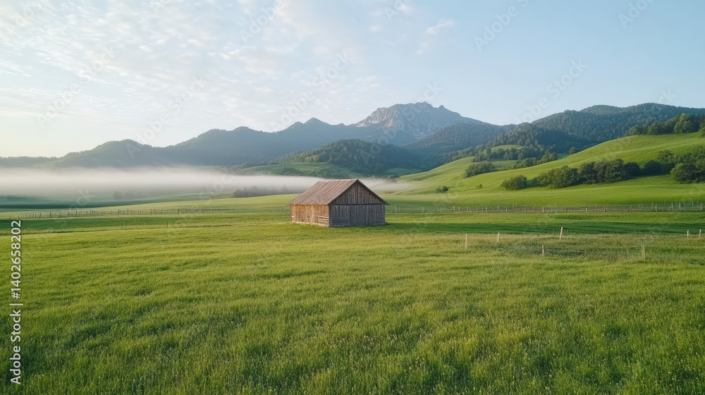 serene landscape featuring rustic wooden barn surrounded by lush green fields and distant serene landscape featuring rustic wooden barn surrounded by lush green fields and distant