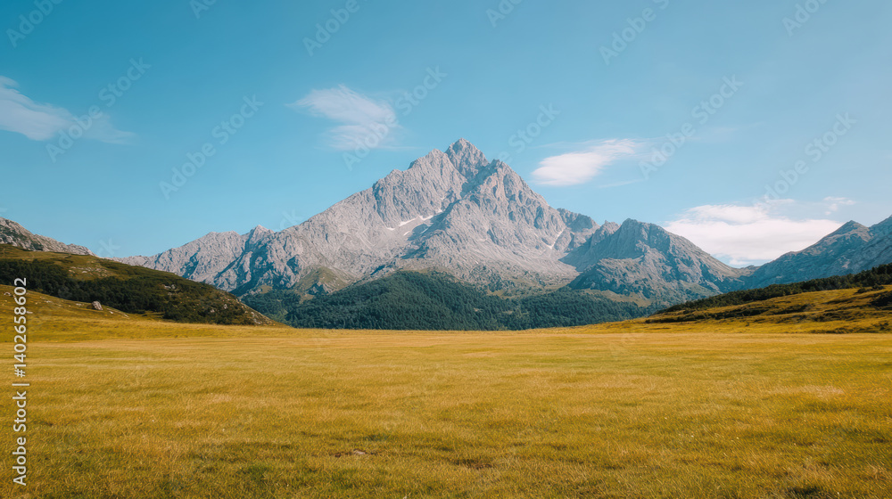 Fototapeta premium Majestic mountain peaks rise above vast green meadow under clear blue sky