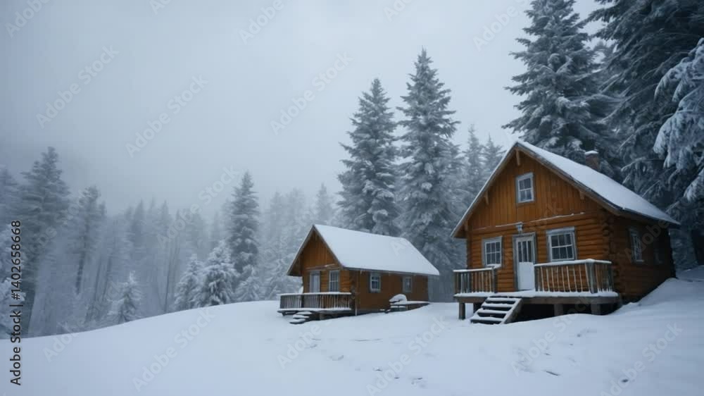 Cold icy blizzard engulfing mountain village with zero visibility and blowing snow particles for extreme weather documentation and emergency scenario video Cold icy blizzard engulfing mountain village with zero visibility and blowing snow particles for extreme weather documentation and emergency scenario video
