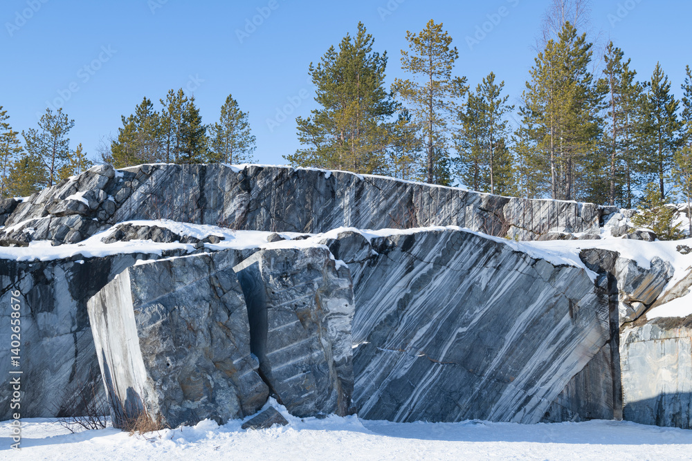 Fragment of the old Italian marble quarry in the Ruskeala Mountain Park. Karelia, Russia