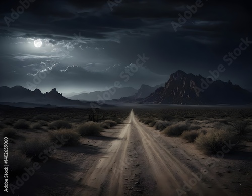 Desert Road at Night Under Full Moon